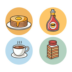 Four Food and Drink Icons Depicting Breakfast and Condiments in a Colorful and Playful Style