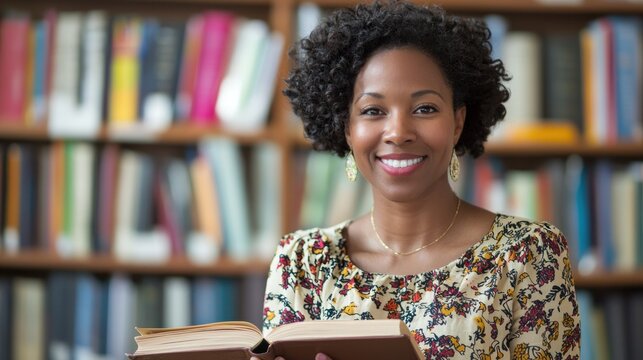 A woman in a library holding a book. The setting is a well-stocked bookshelf with various books in the background. - Powered by Adobe