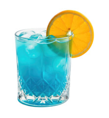 Refreshing blue cocktail with ice and orange slice served in clear glass transparent background, cutout PNG