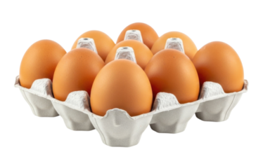 Freshly collected brown eggs in a carton on a transparent background, cutout PNG