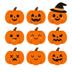 Vector halloween pumpkin collection. Scary and spooky pumpkins collection. Jack o lantern clipart. Funny cute smiling pumpkins in flat design. Symbol of the Happy Halloween holiday.