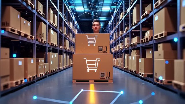 Young man transporting boxes in a modern warehouse with digital elements and organized shelves - Powered by Adobe