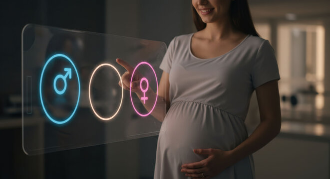Pregnant woman touching virtual screen choosing gender of baby. Future concept of medical technology and decision making for family.
