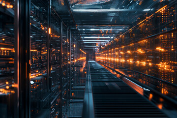 Powerful crypto mining farm with hundreds of graphics cards and neon lights for cryptocurrency blockchain data center generative ai