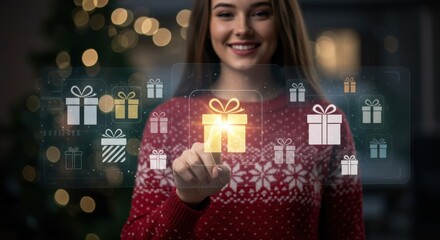 A woman touches a glowing gift box icon on a virtual screen. Online shopping and digital gift concept for holiday season.