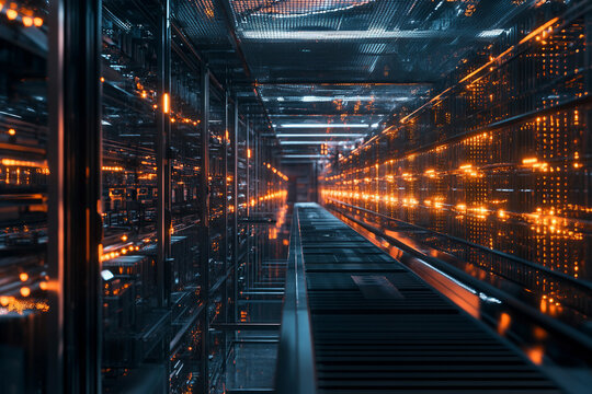 Powerful crypto mining farm with hundreds of graphics cards and neon lights for cryptocurrency blockchain data center generative ai - Powered by Adobe