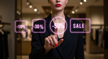 Woman pointing finger at virtual 50 percent off button. Online shopping and big sales concept for retail and e-commerce business.