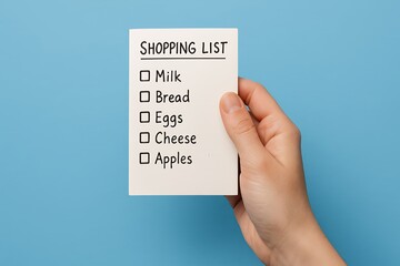 Hand holding a shopping list with items like milk, bread, eggs, cheese, and apples against a blue background
