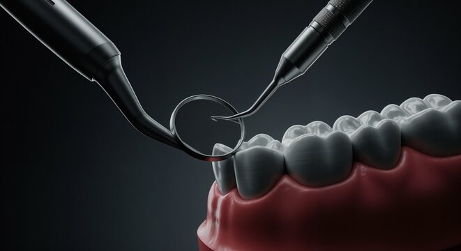 Dental tools examining realistic teeth model in dark background  