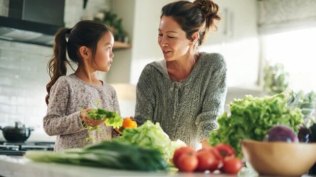 Culinary bond: A heartwarming moment unfolds as a mother and daughter connect, preparing a colorful array of fresh vegetables together in the kitchen.