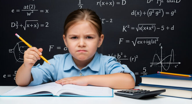 Serious young girl is focused on her math studies at desk, surrounded by textbooks and calculator, with mathematical equations on blackboard, capturing the essence of back-to-school preparations