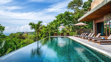 A serene infinity pool with a wooden deck and lush greenery in the background.