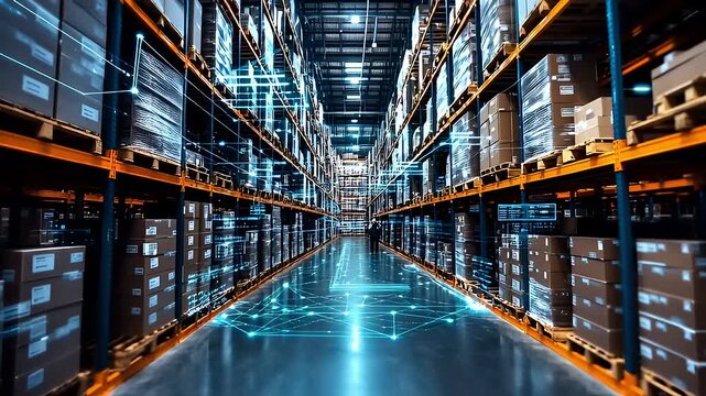 Futuristic warehouse with digital overlays showcasing inventory management and logistics efficiency - Powered by Adobe