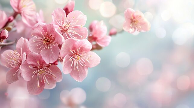 A delicate pink cherry blossom branch with delicate pink petals and a blurred background of soft, pastel colors.