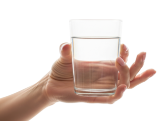 Hand holding a clear glass of water with a transparent background, cutout PNG