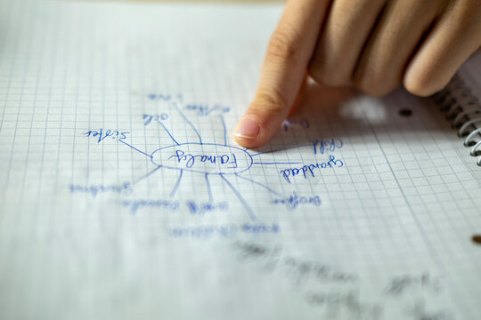 teenage boy draws family mind map relatives, DNA, and genealogy, sketches family tree, trust and generational bonds, child’s hands write, sketches ideas on graph paper, productivity learning