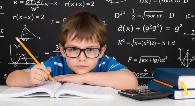 Serious young boy is focused on her math studies at desk, surrounded by textbooks and calculator, with mathematical equations on blackboard, capturing the essence of back-to-school preparations - Powered by Adobe