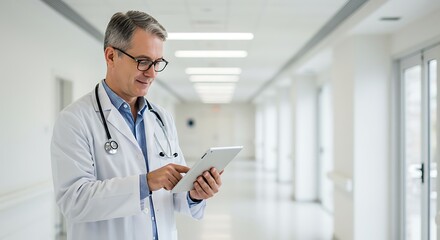 Doctor in a hospital hallway using a digital tablet