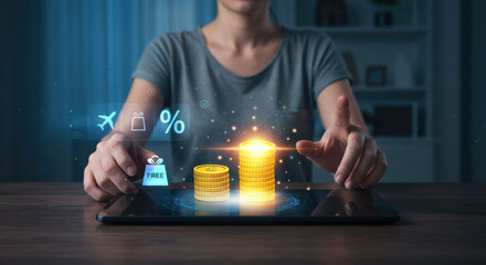 A woman interacting with a digital tablet displaying virtual coins and interactive financial icons for online shopping and saving.