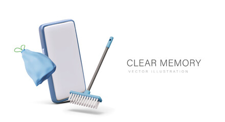 Memory cleaning concept. Freeing up space for information on gadget. Vector composition in 3D cartoon style. Smartphone with empty screen, place for text, logo, brush, trash bag