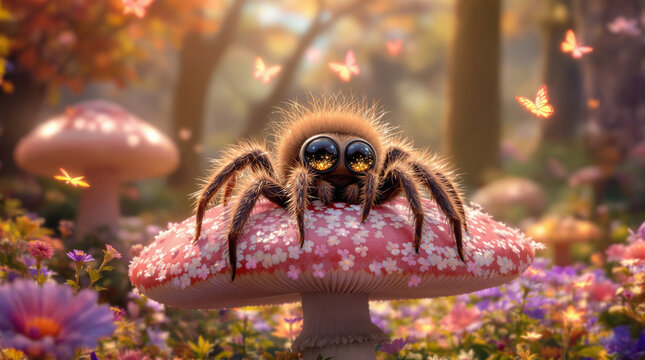 Cute Fluffy Spider on Spotted Mushroom in Enchanted Woodland with Glowing Butterflies and Magical Autumn Foliage - Whimsical Fantasy Illustration - Powered by Adobe