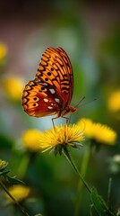 Obraz premium Close-up of an orange butterfly with black spots perched on a yellow wildflower, with blurred green backdrop