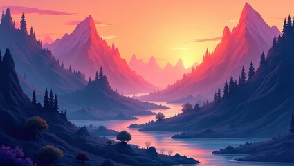 Colorful mountain landscape at sunrise over a winding river.