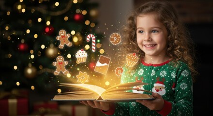 Little girl smiling in christmas pajamas holding open book with glowing dessert icons and holiday bokeh lights. Magical winter story concept.