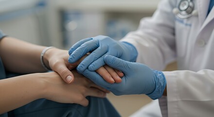 Obraz premium Medical professional in blue gloves holding a patient's hand, offering comfort and care.