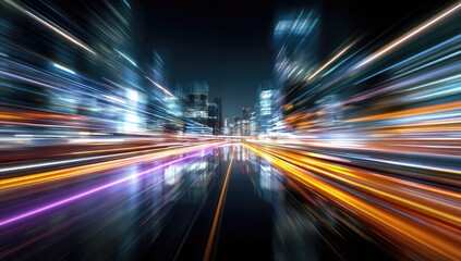 Fototapeta premium Night city street, blurred motion of lights, vibrant streaks. Urban landscape at night, fast-moving vehicles leaving trails of light. Reflective road surface, skyscrapers in the background