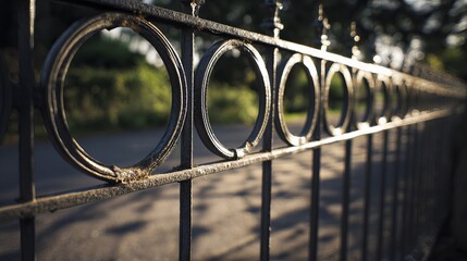 Close-up view of an ornate metal fence with circular designs, catching the warm sunlight in a tranquil setting.
