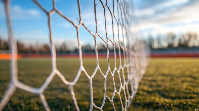 A soccer goal net with a blurred background of a soccer field and a blue sky with white clouds.