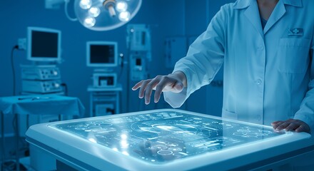 Medical professional interacting with a futuristic holographic display in a high-tech operating room