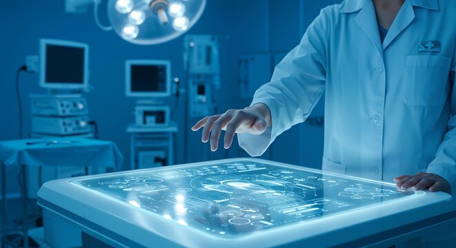 Medical professional interacting with a futuristic holographic display in a high-tech operating room