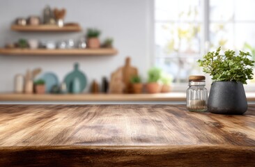 Bright and airy kitchen with wooden countertop, potted plants, and open shelving displaying colorful dishes and kitchenware under natural daylight