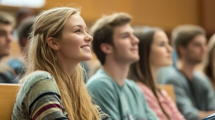 Fototapeta premium A young woman with long blonde hair smiles in a classroom setting.
