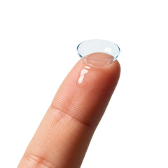 Pristine, clear, wet silicone hydrogel contact lens perfectly resting on a light human index fingertip with natural texture, on a transparent background with soft shadowless lighting, concept of