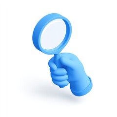 A light-blue hand holds a light-blue magnifying glass