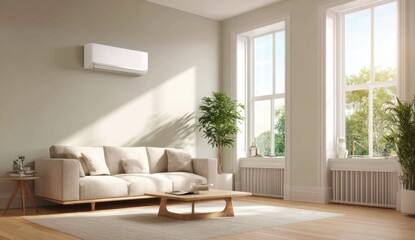 Fototapeta premium Bright and airy living room with large , modern sofa, potted plant, and minimalist decor