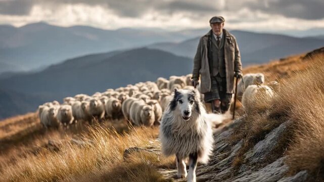 Shepherd and his flock: In the mountainous landscape, a dedicated shepherd strides alongside his loyal sheepdog, guiding the flock.