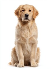 Fototapeta premium A beautiful golden retriever dog sits patiently, showcasing its fluffy fur and expressive eyes, creating a heartwarming and captivating portrait against a clean white background.
