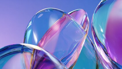 Abstract, iridescent, glassy shapes in vibrant, pastel colors against a gradient background