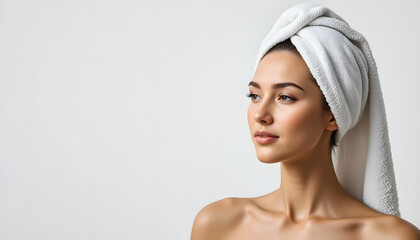 Fototapeta premium A woman with a towel headwrap and glowing skin, symbolizing freshness and personal well-being.