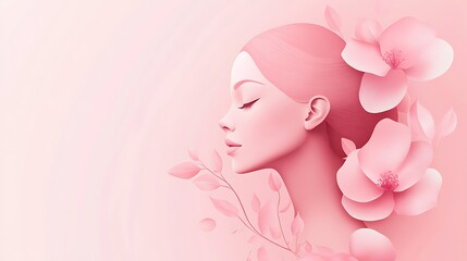 Elegant pink illustration of a woman with closed eyes surrounded by floral elements photo