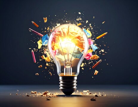 Exploding Light Bulb with Brain and Ideas - Creativity Concept