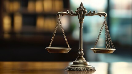 A vintage brass scale with ornate details, placed on a wooden table in a dimly lit room with a blurred background.