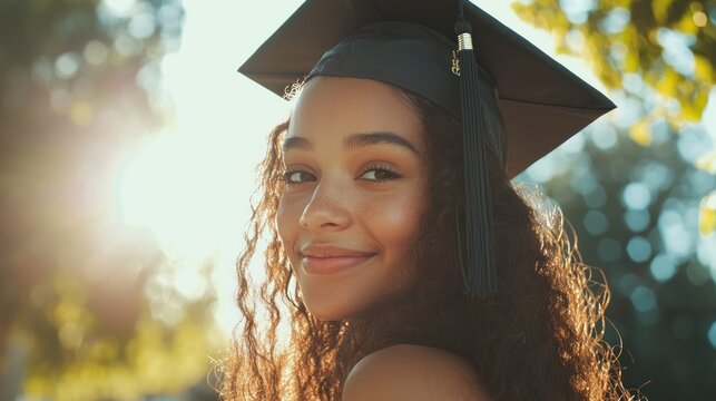 A young woman in a graduation cap and gown, smiling and looking at the camera, with a sunlit background and trees in the distance. - Powered by Adobe