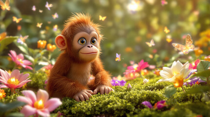 Fototapeta premium Adorable Baby Orangutan Cub in Enchanted Flower Garden with Glowing Butterflies, Whimsical Digital Art