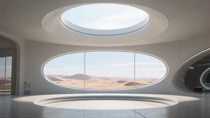 Fototapeta premium Modern Interior with Curved Windows Overlooking a Desert Landscape