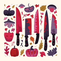 Halloween Bloody Knife isolated in White background, silhouette Set, Halloween theme, Vector illustration